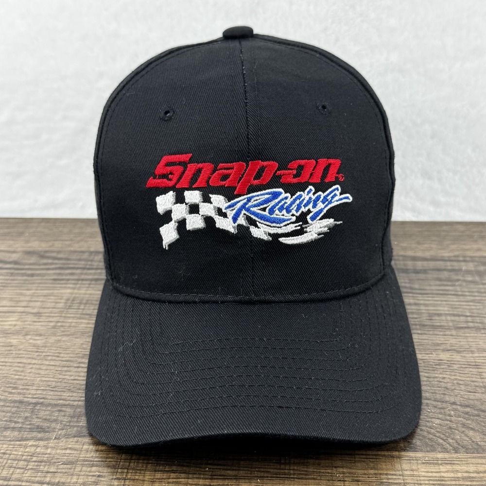 Snap-on Racing Hat Cap Snap Back Mens Black Embroidered Checkered Flag
